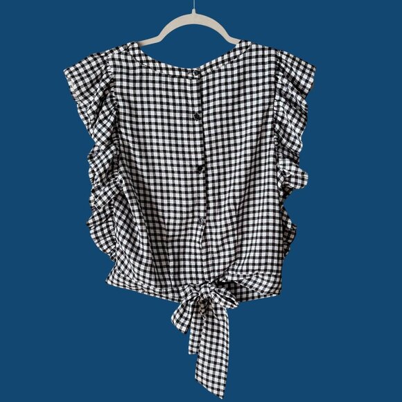 Sugar Lips Black & White Gingham Ruffle Tie and Button Back Blouse Top Small - Picture 3 of 4